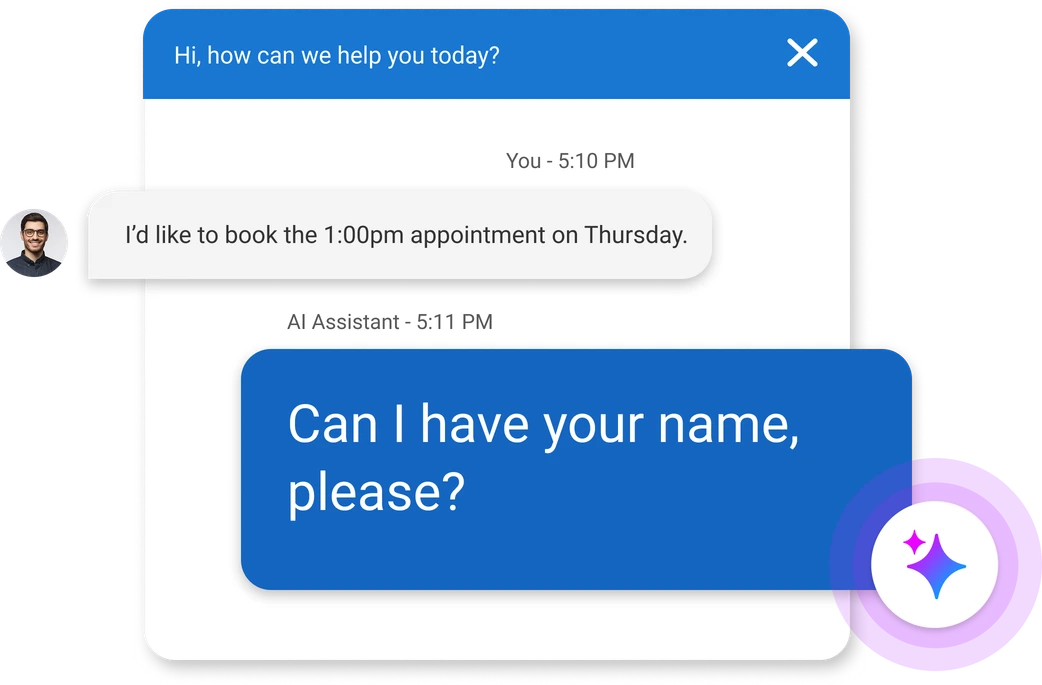 A web-chat thread: the customer requests a 1:00pm Thursday appointment, the AI assistant asks for the customer's name to confirm the booking.
